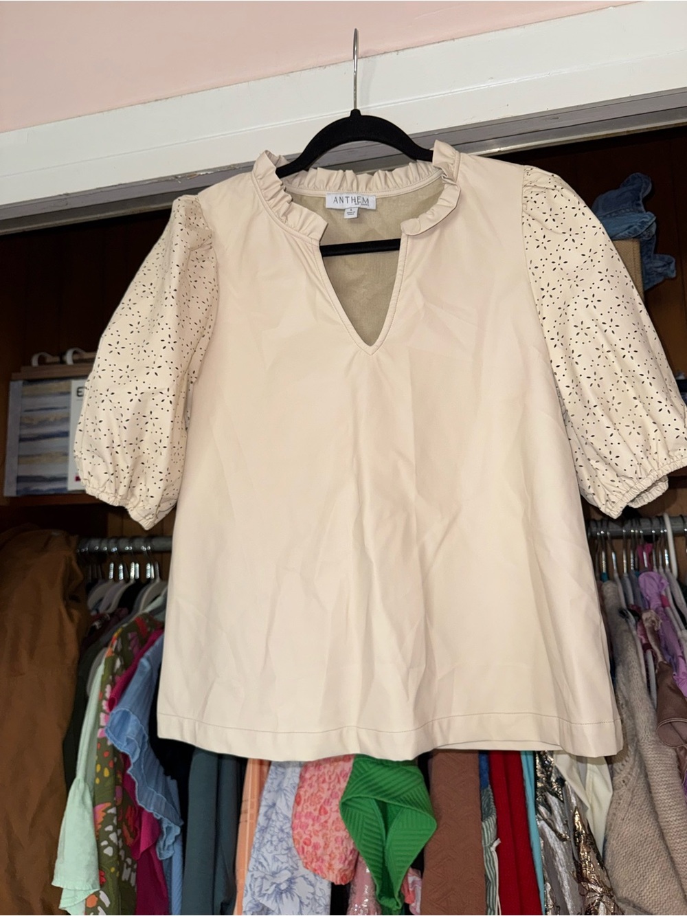 Cream Eyelet Puff-Sleeve Blouse